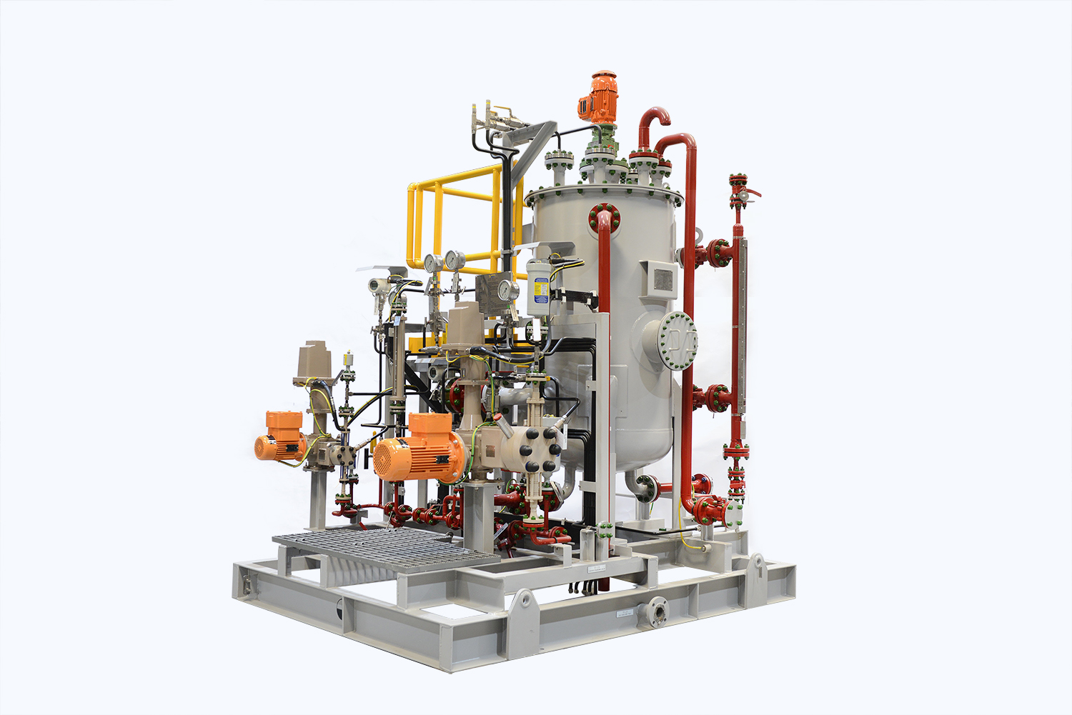 Chemical injection skid with stainless steel tank, dosing pumps and instrumentation