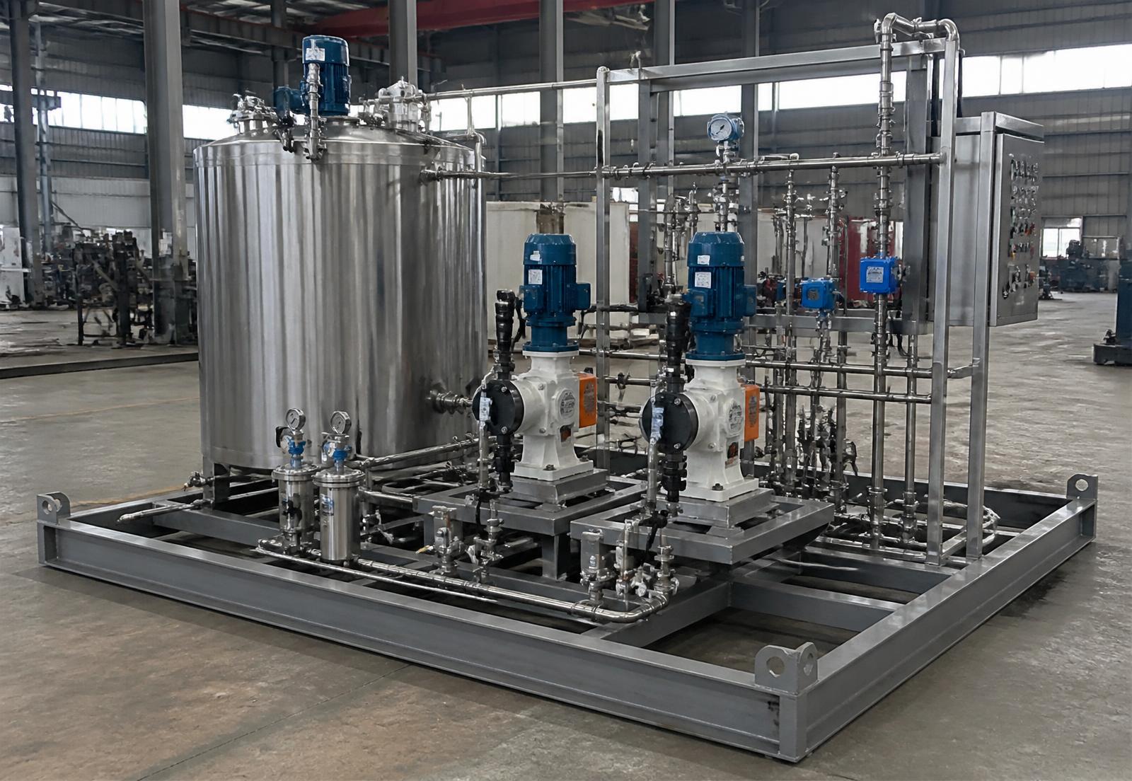 Chemical injection skid with tank, dosing pumps and instrumentation