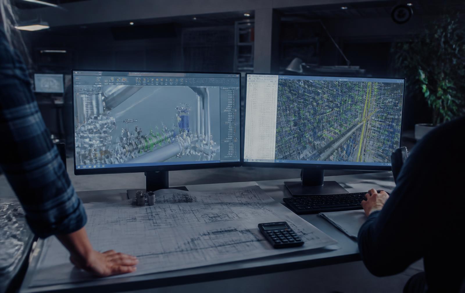 Engineers reviewing 3D piping CAD models and technical drawings