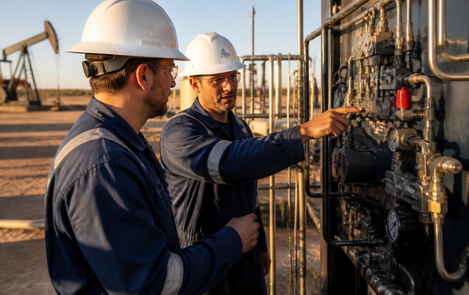 Field service engineers in PPE inspecting a hydraulic control panel at a wellsite