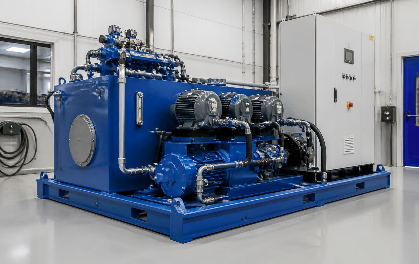 Hydraulic power unit skid with reservoir, pumps and control cabinet in a testing bay